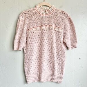 Vintage 70's Knit Lace Short Sleeve Sweater Top Small EUC Cottagecore Preppy EUC